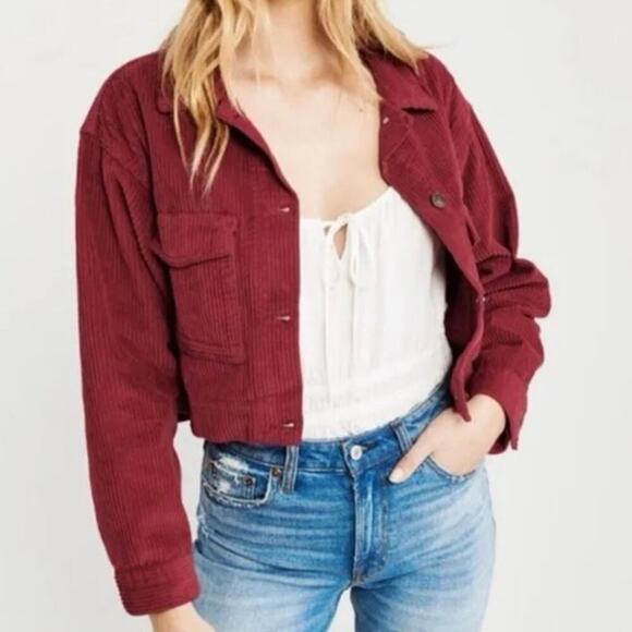 Abercrombie & Fitch Red Corduroy Cropped Trucker Jacket Women’s M - Picture 2 of 9